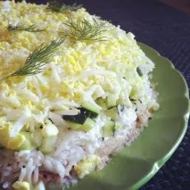 Смачний та оригінальний салат із сьомги шарами салат