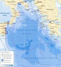 Іонічне море на карті світу та Греції де знаходиться у Середземномор’ї (сезон 2019) світу