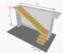 3D Онлайн калькулятор розрахунок сходів на косоурах з поворотом на 90, креслення калькулятор