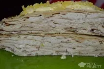 Рецепт Не солодкий млинцевий торт на 8 березня, з начинкою з курячої грудки, цибулі та сметани млинцевий