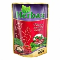 Корм для кішок Herbax - смак М’ясне асорті в соусі з листям брусниці - «Павучі HERBAX - М’ясне кішок