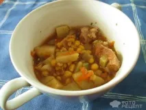 Рецепт Тушкована свинина, такий собі шурум-бурум з м’яса, картоплі, кабачків та кукурудзи рецепт