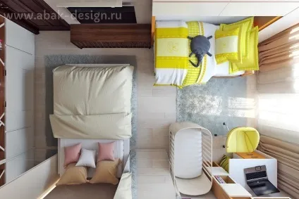 Абак, дизайн спальні 17 м2 для батьків і двох дітей (дітей) Абак, дизайн спальні 17 м2 для батьків і двох дітей
