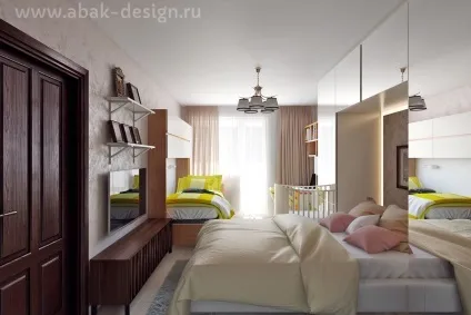 Абак, дизайн спальні 17 м2 для батьків і двох дітей (дітей) Абак, дизайн спальні 17 м2 для батьків і двох дітей