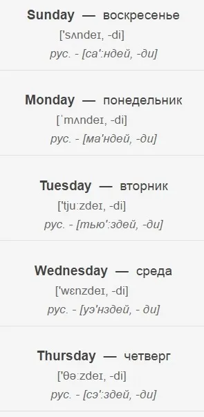 Як вимовляються по-російськи англійські дні тижня (см) (дні тижня) Як вимовляються по-російськи англійські дні тижня (см)