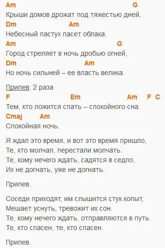 Кіно - спокійна ніч - акорди на гітарі, таби, акорди пісень (акорди пісень) Кіно - спокійна ніч - акорди на гітарі, таби, акорди пісень