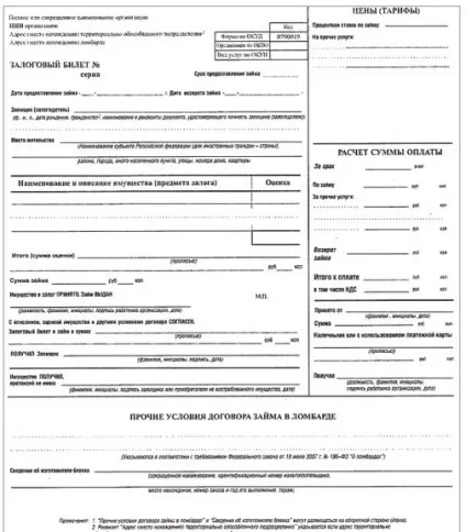 Позику в ломбарді, грошові позики (розписка) Позику в ломбарді, грошові позики