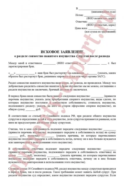 Позовна заява про поділ майна при розлученні подружжя зразок, особливості підготовки і подачі (розділі) Позовна заява про поділ майна при розлученні подружжя зразок, особливості підготовки і подачі
