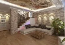 Декоративний камінь в інтер'єрі вітальні фото штучна обробка залу, дизайн з деревом,