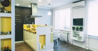 Інтер'єр маленької однокімнатної квартири з кутовий плануванням (кутовий) Інтер'єр маленької однокімнатної квартири з кутовий плануванням
