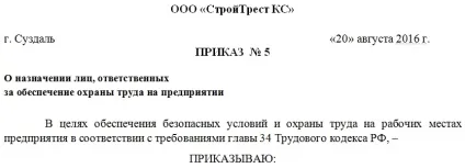 Наказ про призначення відповідальної особи (наказ) Наказ про призначення відповідальної особи