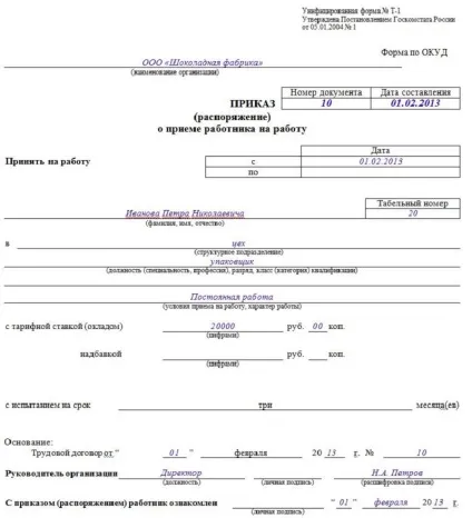 Наказ про прийом на роботу зразок бланка, заповнена форма т1 (наказ) Наказ про прийом на роботу зразок бланка, заповнена форма т1