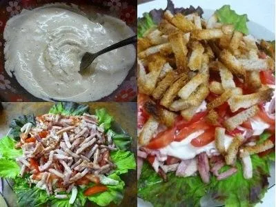 Салат з куркою, шинкою, помідорами і сухариками (салат) Салат з куркою, шинкою, помідорами і сухариками