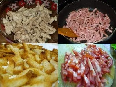 Салат з куркою, шинкою, помідорами і сухариками (помідорами) Салат з куркою, шинкою, помідорами і сухариками