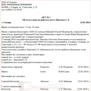 Акт про відсутність співробітника на робочому місці (співробітника робочому місці) Акт про відсутність співробітника на робочому місці