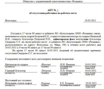 Акт про відсутність на робочому місці зразок - зразок заповнення (місці) Акт про відсутність на робочому місці зразок - зразок заповнення