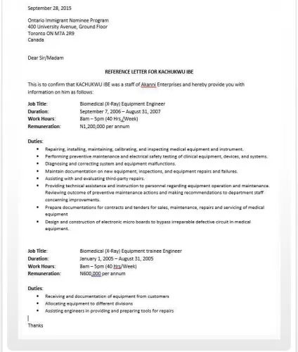 Employment reference letter