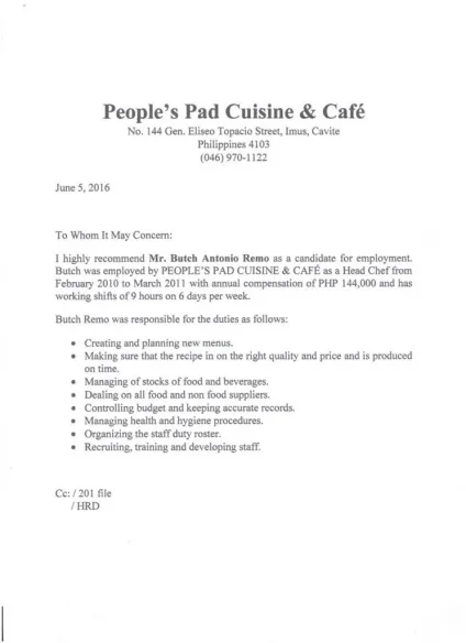 Employment reference letter
