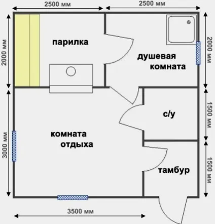 Планування лазні 4х6, 3х4, 4х5, 5х5, 3х6, 3х5 і інших розмірів всередині приміщення (Проект планування лазні) Планування лазні 4х6, 3х4, 4х5, 5х5, 3х6, 3х5 і інших розмірів всередині приміщення