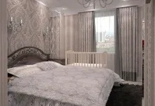 Спальня з дитячим ліжечком в батьківській кімнаті з висувним місцем, дизайн і фото, інтер'єр (батьківської) Спальня з дитячим ліжечком в батьківській кімнаті з висувним місцем, дизайн і фото, інтер'єр