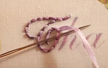 Об'ємний поворотний стібок (бекстітч) у вишивці стрічками