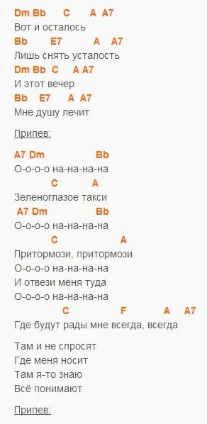 Зеленоглазое таксі - акорди на гітарі, акорди пісень (зеленооке) Зеленоглазое таксі - акорди на гітарі, акорди пісень