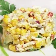 Крабовий салат з кукурудзою і рисом - покроковий рецепт приготування з фото (салат) Крабовий салат з кукурудзою і рисом - покроковий рецепт приготування з фото