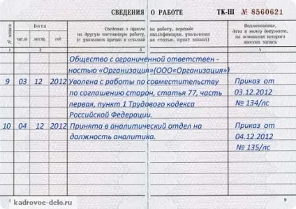 Запис у трудовій книжці про зовнішній сумісництво (запис) Запис у трудовій книжці про зовнішній сумісництво