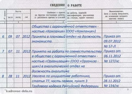 Запис у трудовій книжці про зовнішній сумісництво (сумісництвом трудову книжку) Запис у трудовій книжці про зовнішній сумісництво