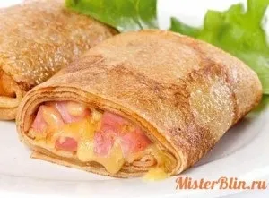 Млинці з шинкою сиром і помідорами, готовий рецепт (млинці) Млинці з шинкою сиром і помідорами, готовий рецепт