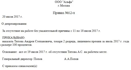 Наказ про позбавлення премії зразок за невиконання обов'язків (премії) Наказ про позбавлення премії зразок за невиконання обов'язків
