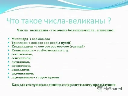 Презентація на тему що таке числа велетні, де їх використовують люди в своїй діяльності (використовують) Презентація на тему що таке числа велетні, де їх використовують люди в своїй діяльності
