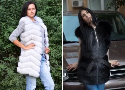 Хутряна жилетка з песця - трансформер, з капюшоном, з шкіряними рукавами, поперечка