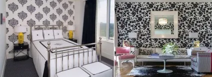 Чорно білі шпалери для стін фото в інтер'єрі, чорний фон, білі з чорним узором, чорні з білим (білі) Чорно білі шпалери для стін фото в інтер'єрі, чорний фон, білі з чорним узором, чорні з білим