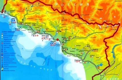 Детальна карта чорноморського узбережжя Абхазії, з селами, містами і курортами (курорти) Детальна карта чорноморського узбережжя Абхазії, з селами, містами і курортами
