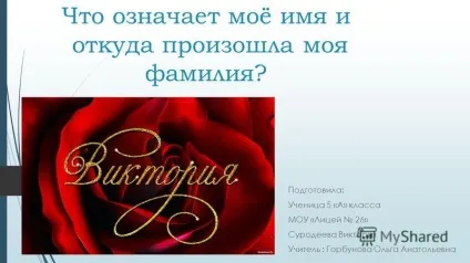 Презентація на тему що означає моє ім'я і звідки сталася моє прізвище підготувала учениця 5 - а (що означає моє ім'я і звідки сталася моє прізвище? Підготувала: учениця 5 «а» класу МОУ «ліцей 26» суродеева вікторія учитель) Презентація на тему що означає моє ім'я і звідки сталася моє прізвище підготувала учениця 5 - а