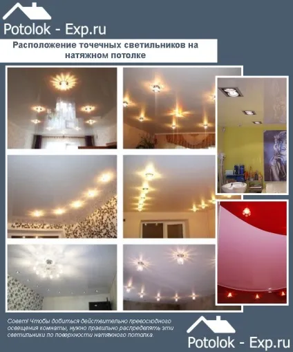 Розташування точкових світильників на натяжній стелі в кімнатах, фото (стелі) Розташування точкових світильників на натяжній стелі в кімнатах, фото