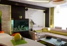 Акваріум в інтер'єрі вітальні фото в залі між кухнею, дизайн (акваріум) Акваріум в інтер'єрі вітальні фото в залі між кухнею, дизайн