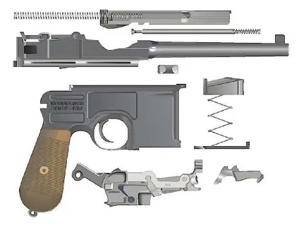 Пістолет маузер до-96 (mauser c96) пристрій, взаємодія частин і механізмів