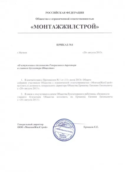 Наказ №1 про призначення генерального директора ооо (призначення) Наказ №1 про призначення генерального директора ооо