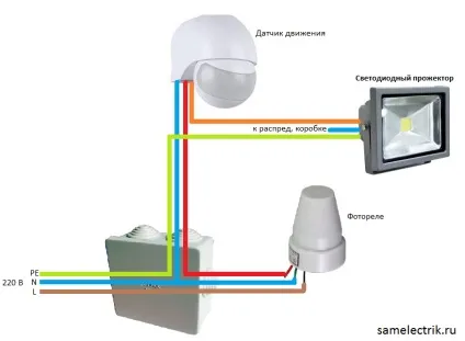 Схема підключення прожектора з датчиком руху і фотореле (прожектора) Схема підключення прожектора з датчиком руху і фотореле