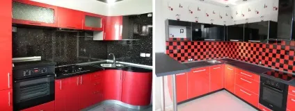 Червоно чорні кухні фото дизайн, в кольорі, кутова біла стільниця, в тонах, фартух в інтер'єрі, (червоно) Червоно чорні кухні фото дизайн, в кольорі, кутова біла стільниця, в тонах, фартух в інтер'єрі,