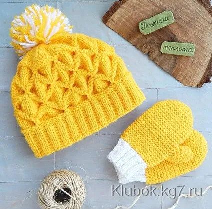 Шапочка спицями візерунком клоке, клубок