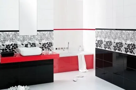 Piros fürdőszoba fehér és vörös, fekete és piros design, és más kombinációk