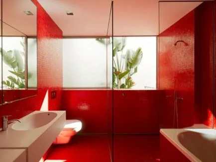 Piros fürdőszoba fehér és vörös, fekete és piros design, és más kombinációk