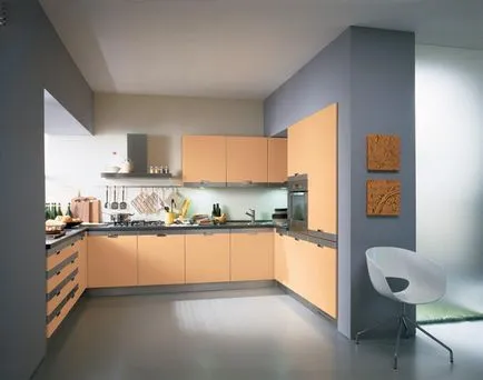 Bucătărie opțiuni combinație de culori piersic, aplicabilitate la diverse stiluri si elemente necesare