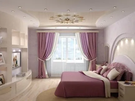 Спалня дизайн в нюанси на лилаво, люляк цветя в интериора