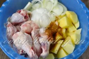 Csirke burgonya sütőben pörkölés táska, a recept egy fotó