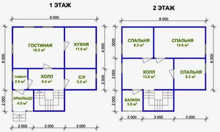 Dispunerea și desene ale caselor de la un bar 6x6, 8x8, 9x9, 8x10 6x8, pod 10x10 cu sau fără