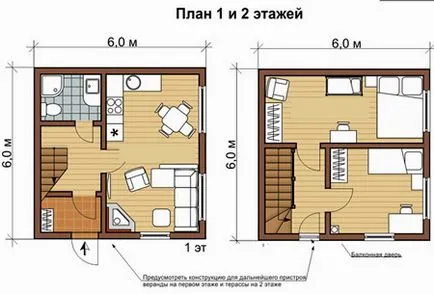 Разпределение и чертежи на къщи от един бар 6x6, 8x8, 9x9, 6X8 8x10, 10x10 таванско помещение със или без